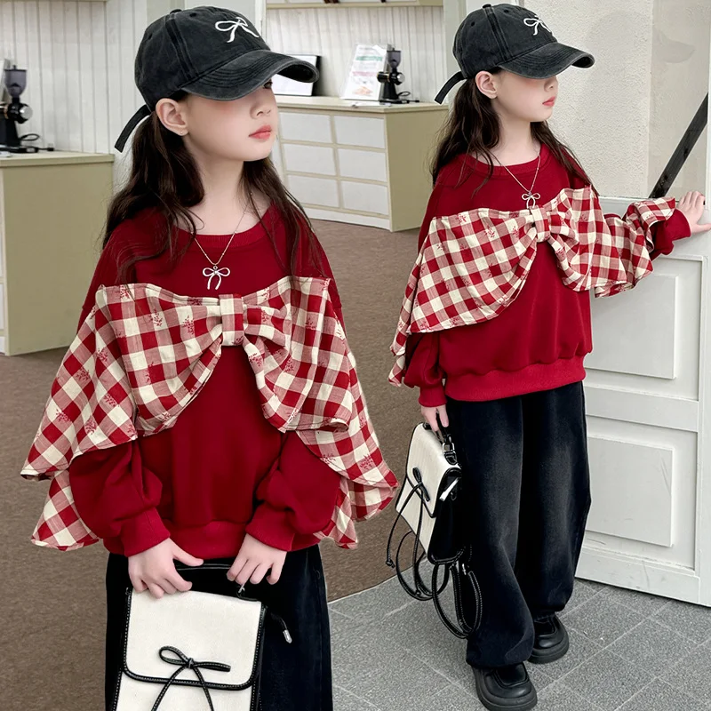 

New Kids Design Girl Street Style Sweatshirt with Big Bows School Kids Casual Autumn Clothing Plaid Bowknot Sweatershirt 5-14 Y