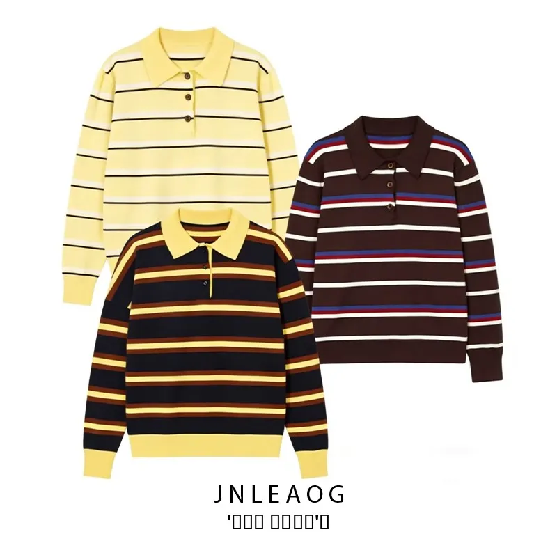 

Faionable Striped Knitted irt Women's Autumn New Sle JNLEAOG Polyester Fiber Long Sve Breathable Comfortable