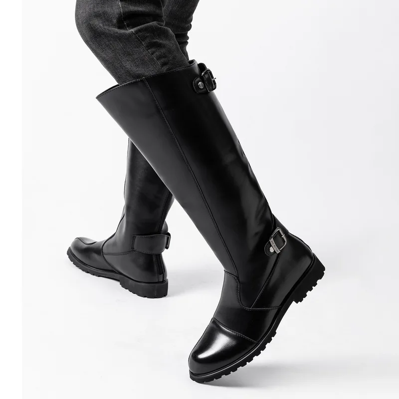plus size men's fashion long natural leather boots black brown shoes cowboy high knight boot stage nightclub motorcycle botas