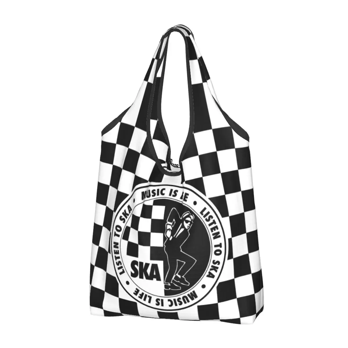 Ska Checkered Logo 2 Tune Punk Grocery Bags Durable Large Reusable Recycle Foldable Retro Two Tune Punk Shopping Eco Bag