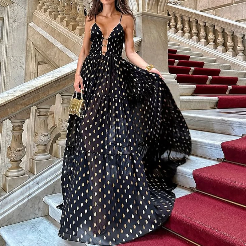 2Pcs Set Women Sexy Black and Gold Polka Dots Sleeveless Backless Deep V Swimsuit Halter Neck Cami Crop Top Bodysuit Beachwear - Image 2