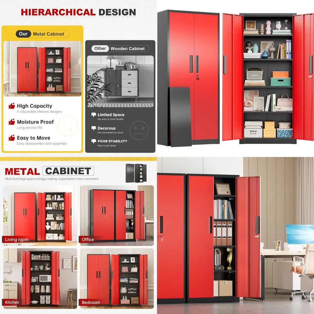 

Tall Black and Red Steel Storage Cabinet with 2 Lockable Doors and 4 Adjustable Shelves for Various Uses