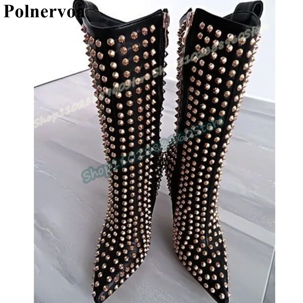 منتصف العجل الأسود كامل المسامير مدبب الأحذية رقيقة أحذية عالية الكعب للنساء الجانب سستة أشار تو الفاخرة حفلة مثير النساء الأحذية