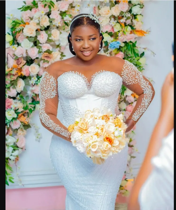 Customized Off The Shoulder Plus Size Shinny Beads Pearls Wedding Dress with Removable Skirt Long Sleeves Africa  Bridal Gowns