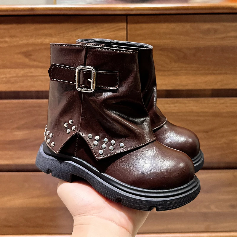 Rivets Ankle Cross-tied Strape Children's Short Boots England Style Platform Shoes Boots Girl Nice Chelsea Boots Princess I07288