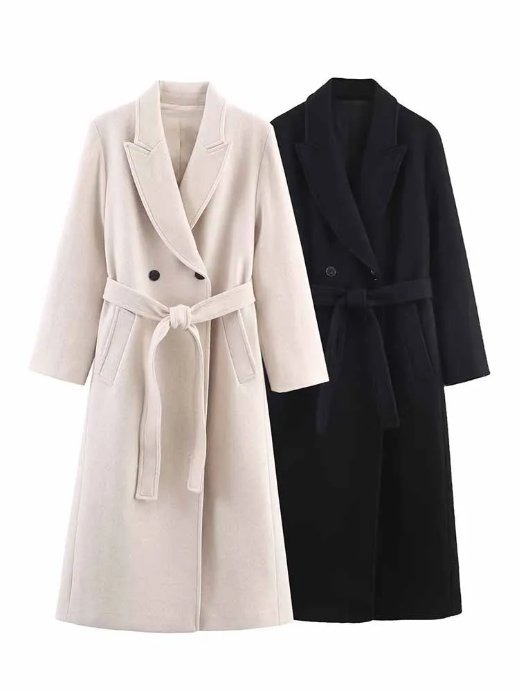 HH امرأة الشتاء موضة الأقمشة المخلوطة حزام مزدوجة الصدر التلبيب طويلة الأكمام معطف الإناث التنقل تنوعا معطف طويل #1