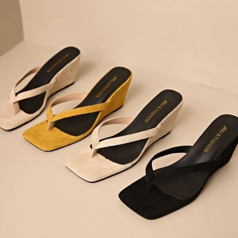 

Square Toe Clip Sandals for Women 2025 Summer New High Heel Flip-flops Large Size Slim Heel Women's Outdoor Leather Slippers New