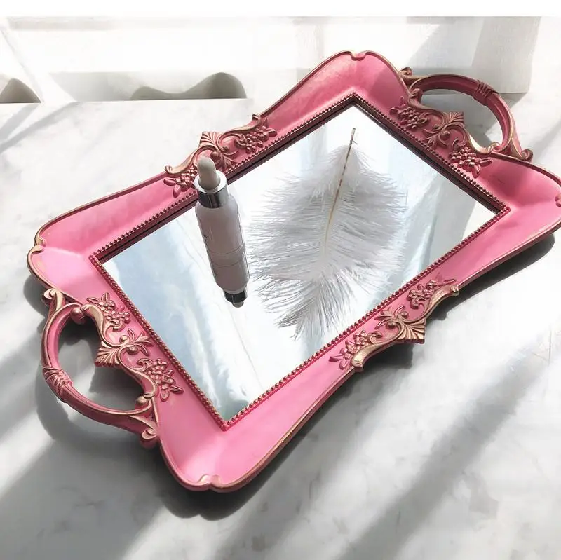 

Oval Storage Tray Pink Retro Mirror Glass Food Tea Household Jewelry Skin Care Product Box Wedding Home Decoration