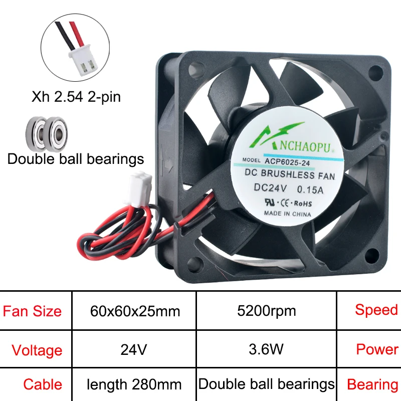ACP6025 Wentylator 6cm 60mm 60x60x25mm DC5V/12V/24V 2-pinowy wentylator osiowy do ładowarek, zasilaczy i konwerterów częstotliwości — zdjęcie produktu 6