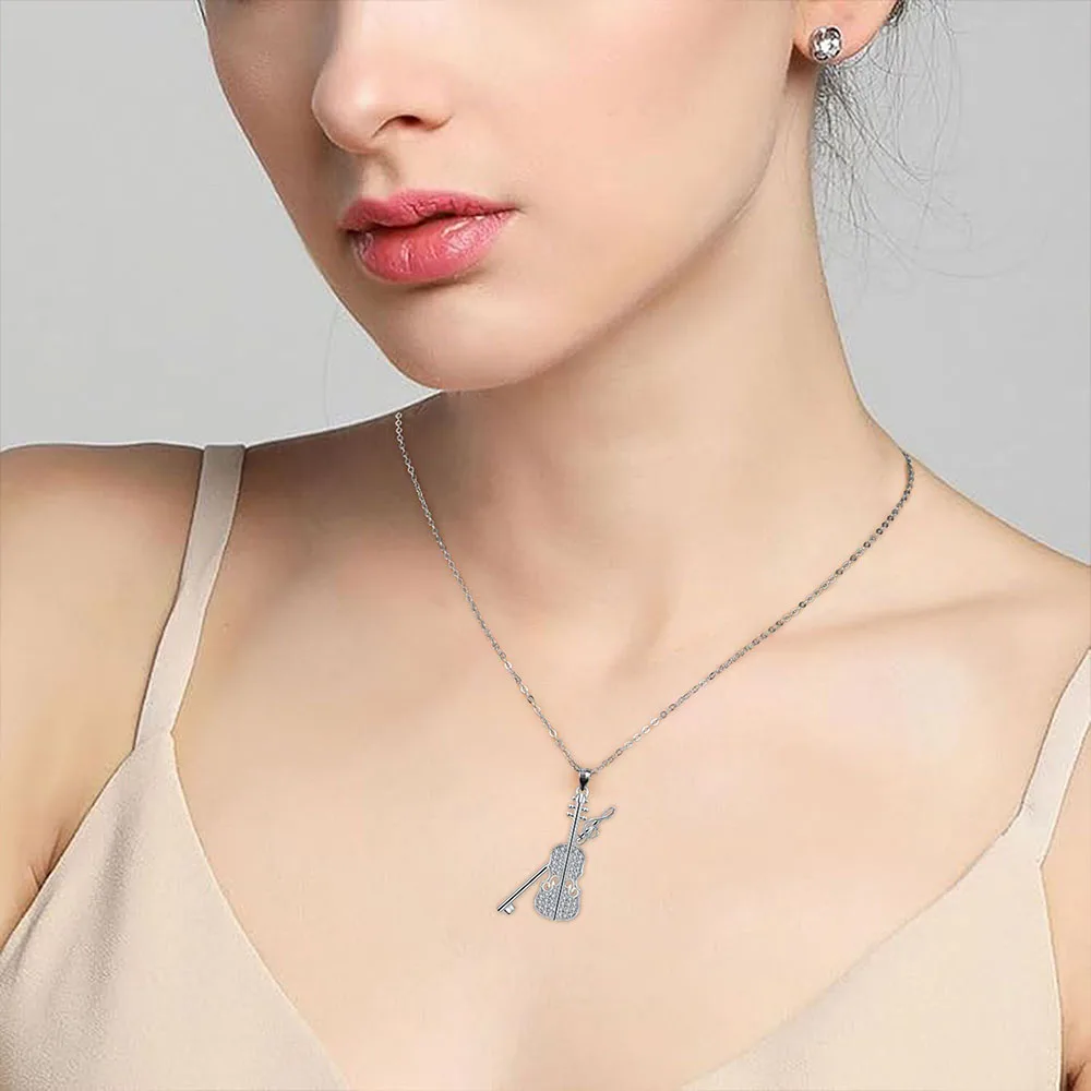 European Women AAA CZ Violin Pendant Necklace Chain Jewelry For Birthday Party Wedding Gift Jewelry