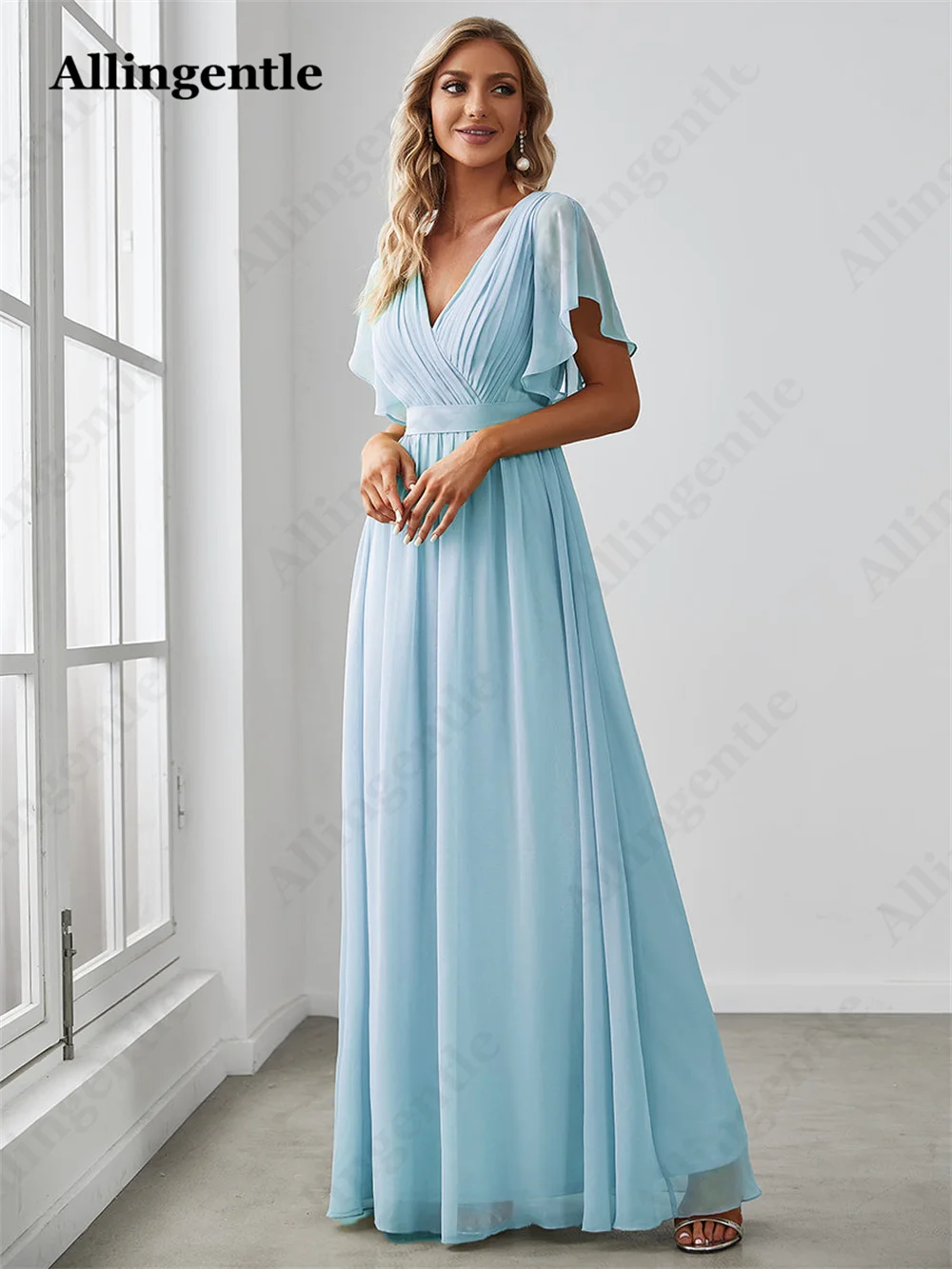 Allingentle Light Blue Elegant Bridesmaid Women Dress  A-Line V-Neck Ruffles Sleeve Chiffon Maxi Dress Floor Length With Belt