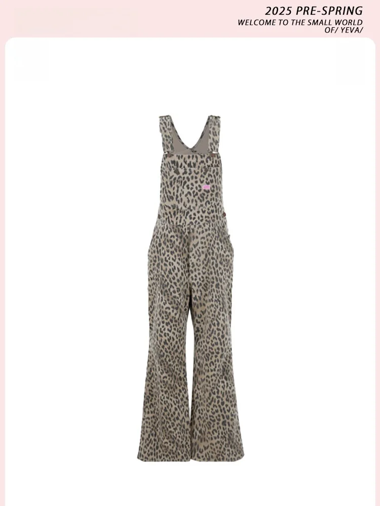 

YEVA Retro Leopard Print Bib Overalls Women's Winter Slimming One-Piece Pants High Waist Long Sve Korean Sle Commute Fas...