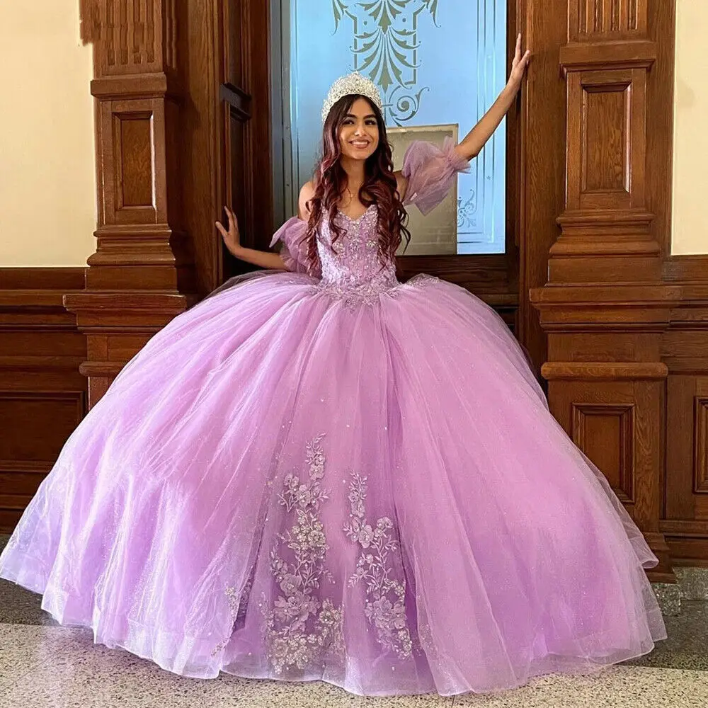 ANGELSBRIDEP сиреневые платья Quinceanera с короткими рукавами-фонариками 3D Цветочная аппликация кружева милое 16 нарядное платье Бальные платья