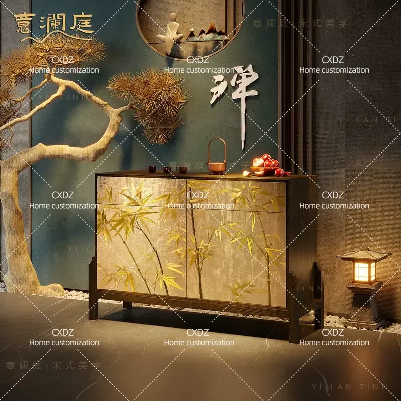 Song style painted golden bamboo picture bucket cabinet solid wood tea room dining side cabinet bedroom storage cabinet
