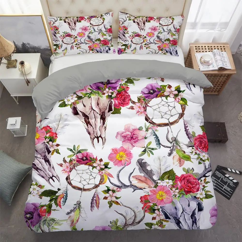 

Dream Catcher Duvet Cover Set Bull Skull Native Tribal Feather Boho Design Bedding Set Microfiber Queen King Size Quilt Cover