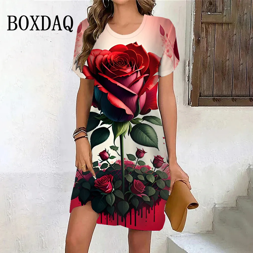 New Summer Beach Party Dresses For Women Vintage Tie Dye Red Rose Flower Print Dress Short Sleeve Pullover Loose Plus Size Dress