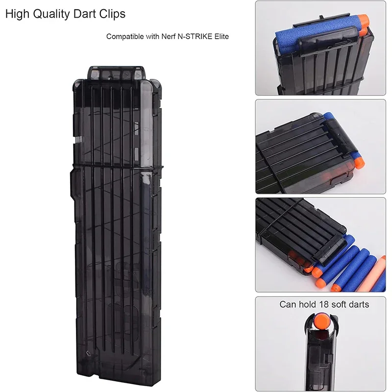 Clips para dardos suaves de 1/4 Uds., Clips de recarga rápida de 18 dardos, Clips para revistas para pistola de dardos de juguete Nerf (negro)