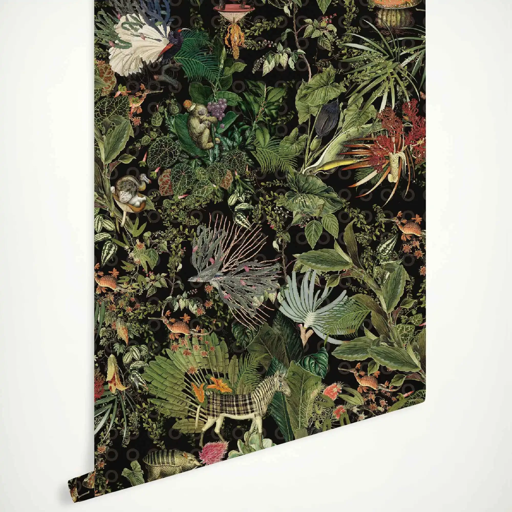 Menagerie of Extinct Animals Wall covering, restrore botanical forest with varies of ancient animals in dark color wallpaper