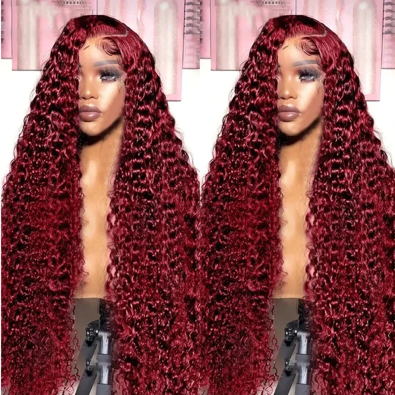 26 بوصة 99J لينة 180 الكثافة طويل بورجوندي النبيذ الأحمر غريب مجعد الدانتيل الجبهة الباروكات للنساء مع شعر الطفل الملمس الجيد قبل قطعها