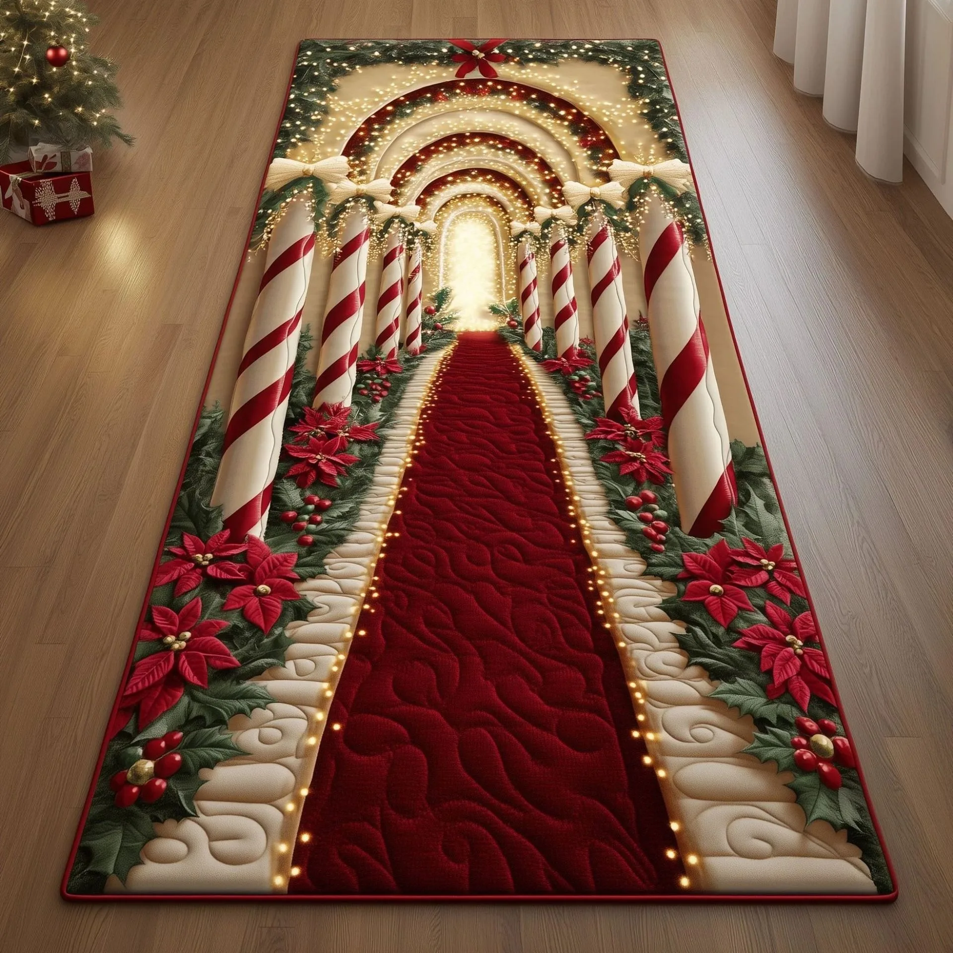 Merry Christmas Runner Rug Christmas Tree Reindeer Red Floor Mat Non-Slip Long Hallway Carpet Bedroom Bedside Living Room Decor