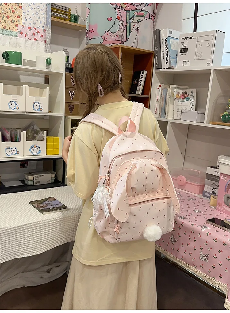 Large capacity school backpack for girls Cherry pink peach rabbitt wavepointcutebackpacksforteengirlsTravelandplaygirlsbackpack