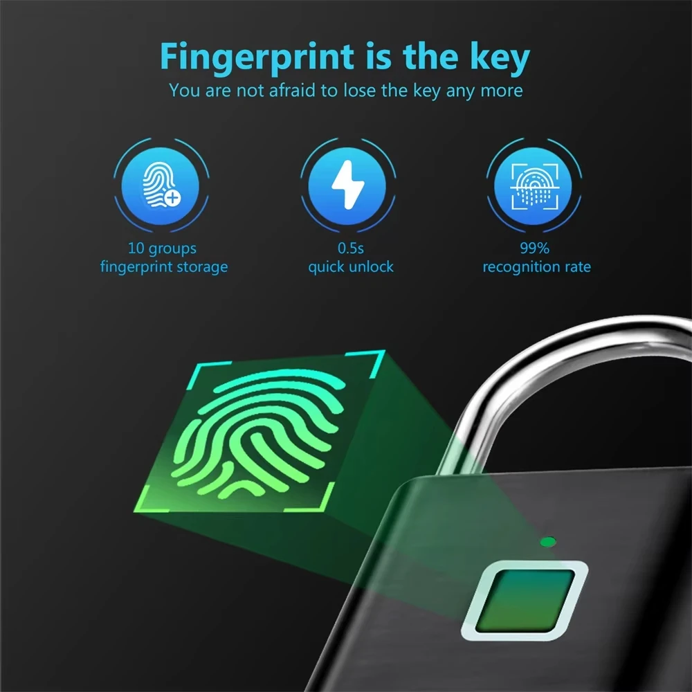 Smart Fingerprint Padlock Waterproof Keyless Type-c Rechargeable Security Lock For Home Door