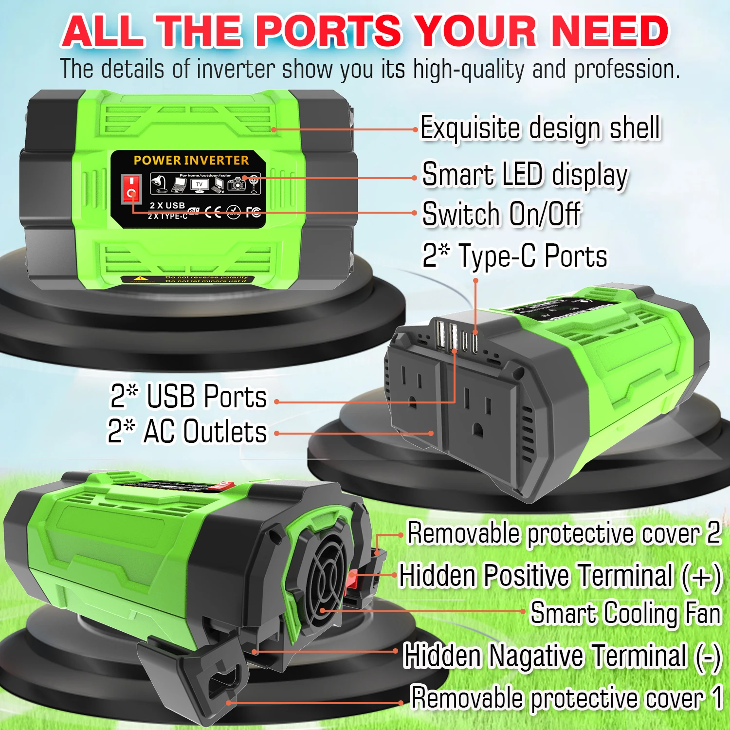 200W Power Inverter DC 12V to AC 110V Modified Sine Wave Car Inverter with Dual Outlets USB 2 Type-C Fast Charging, 6-in-1 Multi-Function Portable Inverter for Car, Outdoor, Camping, Solar System