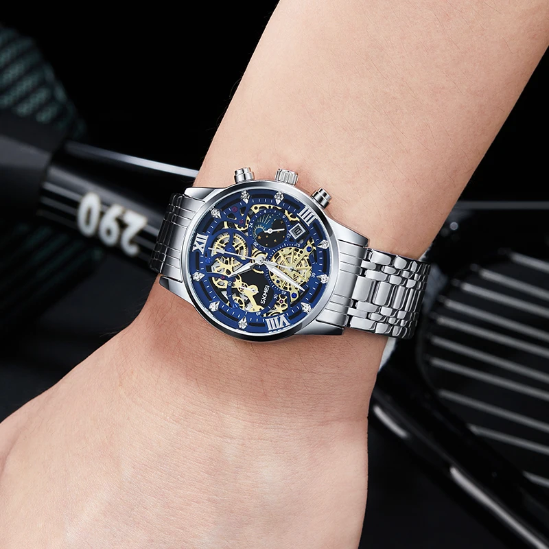 Orologio da uomo in acciaio inossidabile SKMEI calendario orario al quarzo in pietra originale originale quadrante grande atmosfera digitale romana alta tutto 7039