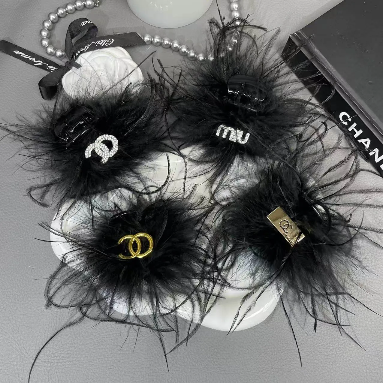 

High ponytail half tie barrettes small size ostrich hair grip back head plush shark clip hairpin feather