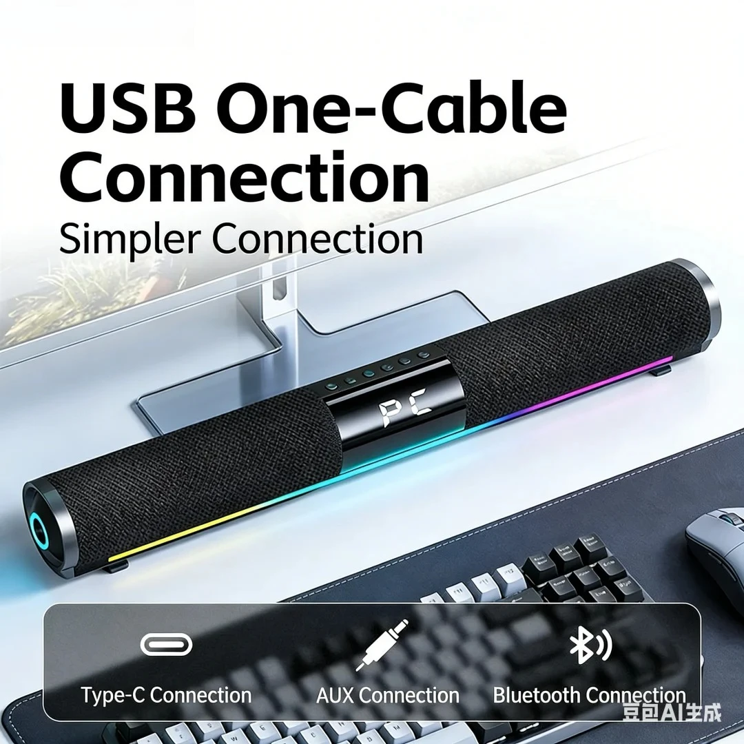 Wired Computer Sound Bar 360 Surround Sound Bluetooth Speaker Woofer Music Speaker System With Dazzling Lights Support AUX Input