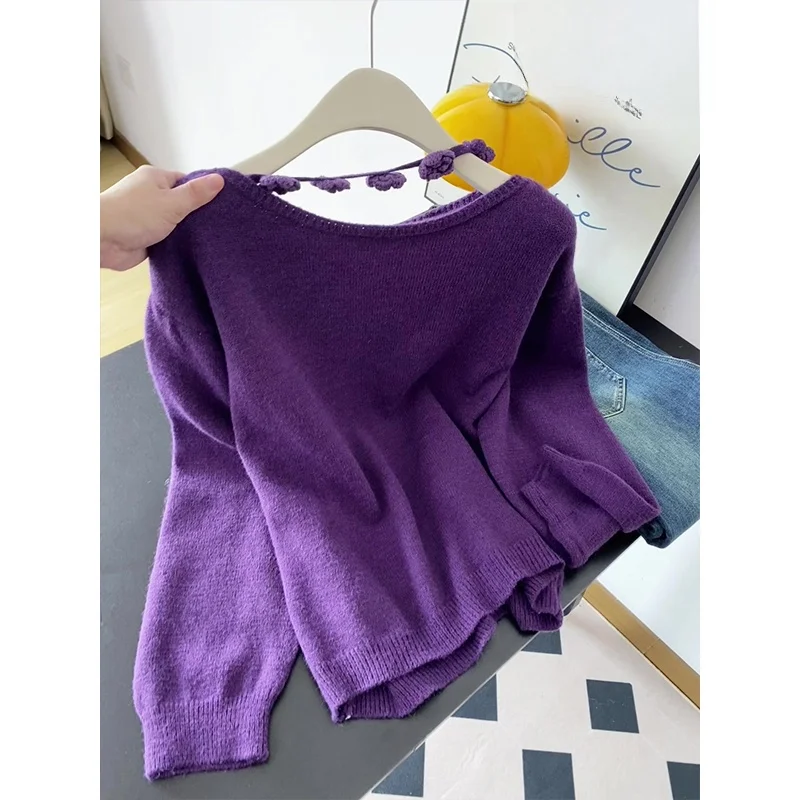 

Мягкий уютный круглый пуловер Ne, женский осенне-зимний свободный свитер Lazy Sle, нежный вязаный топ фиолетового цвета, удобный длинный свек
