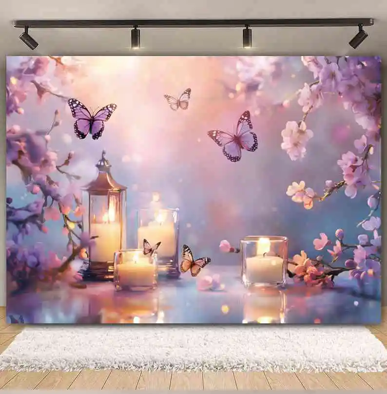 خلفية حديقة خرافية حالمة للتصوير الفوتوغرافي على شكل فراشة أرجوانية وزهور جدارية وشمعة استحمام الطفل وأعياد الميلاد والزفاف وخلفية الصورة #2