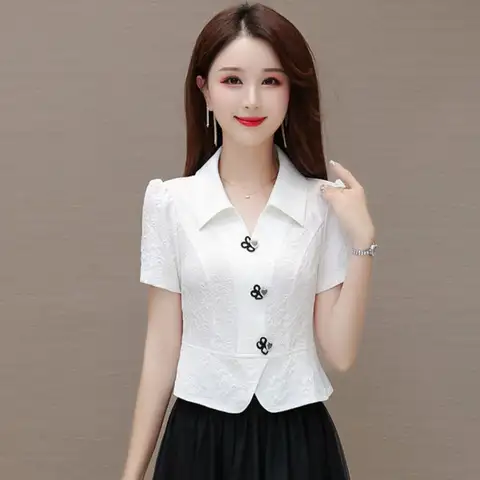 Short-sleeved Mandarin Collar Shirt Women 2025 New Unique and Chic Waist-cinching Short Top