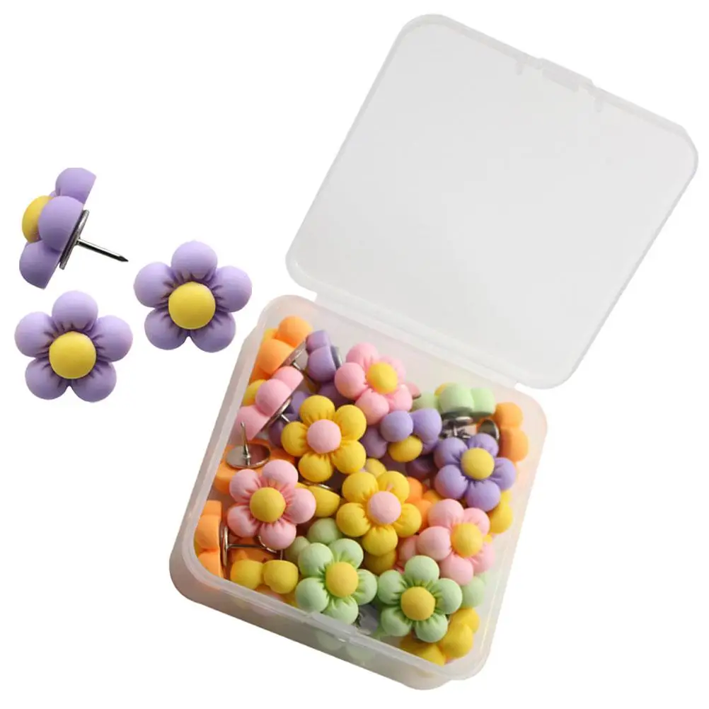 

30 Pcs Macaron Color Flower Shaped Thumb Tacks Push Pins Desk Accessories For Map Supplies Plastic Fixers Diy Craft Office