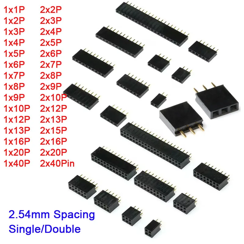 5-100Pcs Single Double Row Female 2.54MM Spacing Pin Socket Female Header Connector 2P 3P 4P 5P 6P 7P 8P 10P 11P 12P 14P 20P 40P