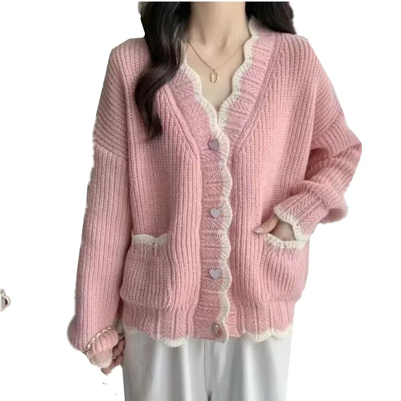 Donna Autunno Nuovo Cardigan lavorato a maglia con scollo a V Maglione casual in tinta unita Tasca coreana Maglieria a maniche lunghe Maglione Top da donna T1676