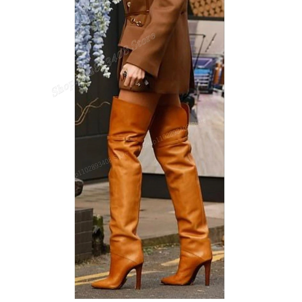 Brown Matte Leather Buckle Belts Over the Knee Boots Pointed Toe Stiletto High Heel Sexy Women Shoes 2024 Zapatos Para Mujere