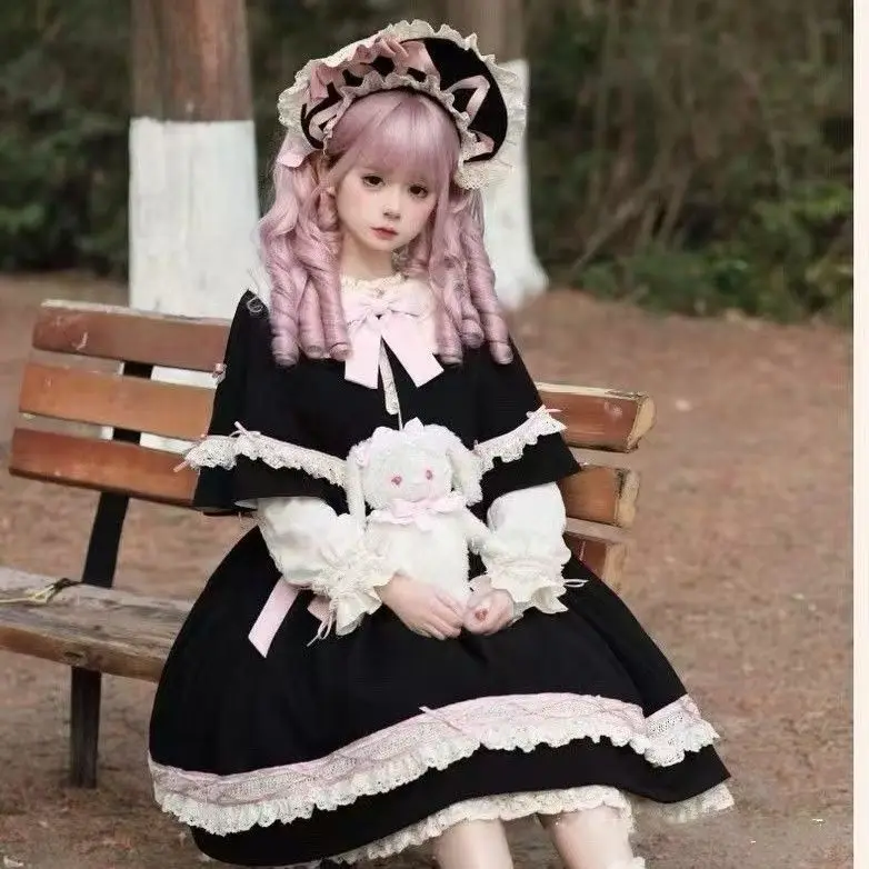 Coalfell Paper Bag Cat Bow Lolita Dress Black Pink Op Daily Lolita Dress Cloak Set