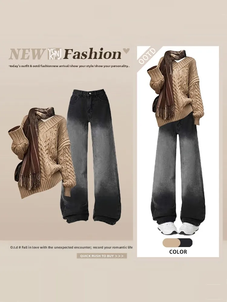 Laid-ba Maglione lavorato a maglia vintage V-ne da donna Autunno Inverno Lanterna lunga Sve Top e jeans Set vestibilità ampia Casual Faion