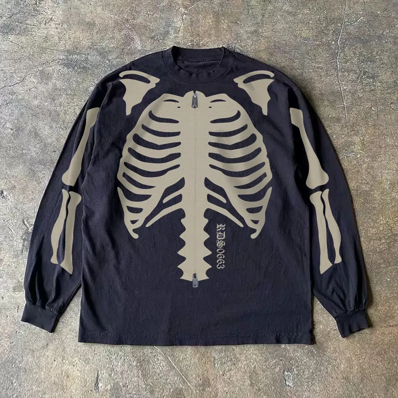 

Japan Style Skull Print Fun T-shirt Long Sleeved Casual Top Made of Pure Cotton Round Neck Tees for Men