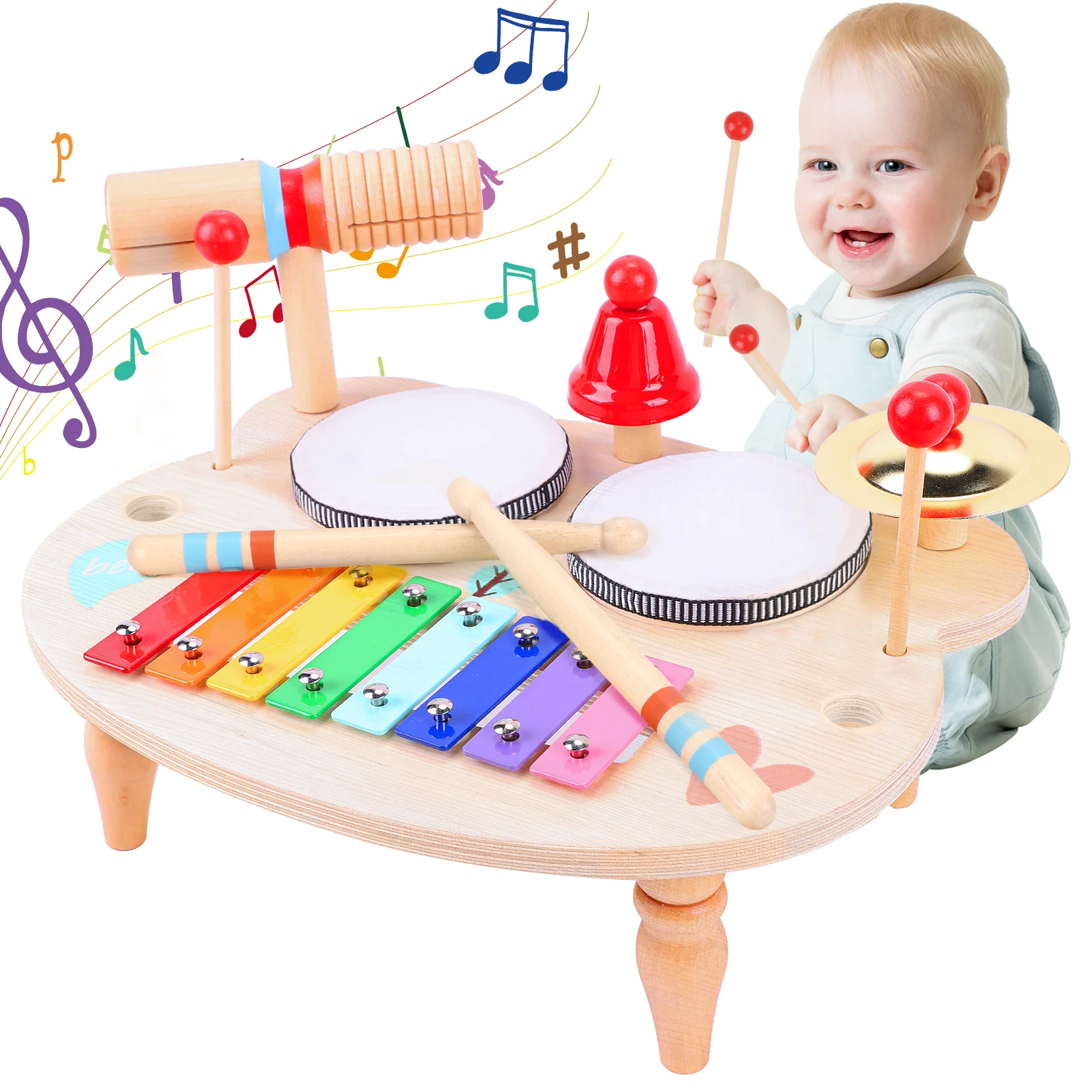 Kids Toys Xylophone - Mesa de instrumentos musicais de madeira