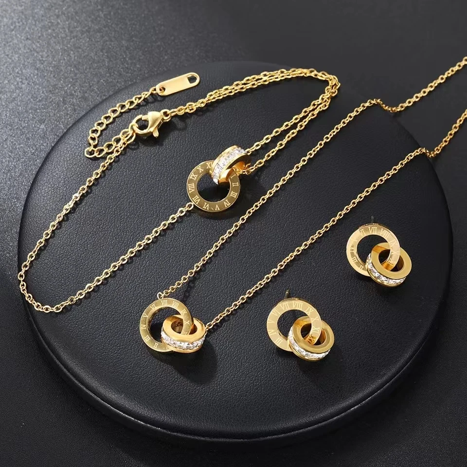 3 PCS Fashion Roman Digital Double Ring Pendant Necklace Bracelet Tiny Earrings Jewelry Set For Women Korean Style Daily Wear