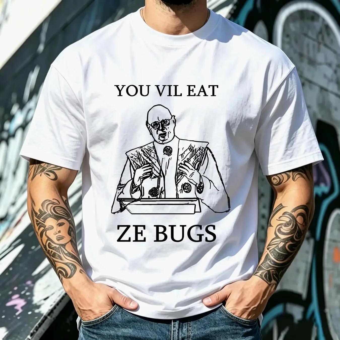 washed T Shirt Klaus Schwab Meme You Vil Eat Ze Bugs WEF World Economic Forum Great Reset Men's Cotton long or short sleeves