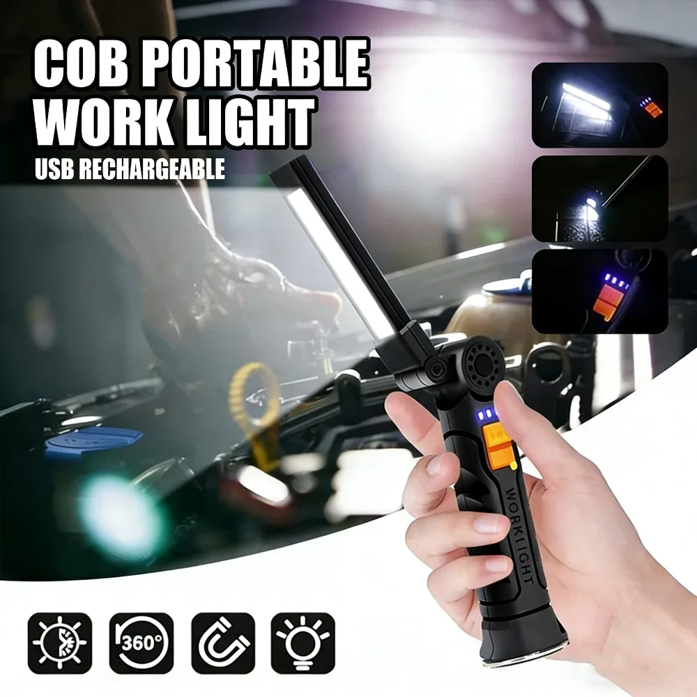 New COB Portable Work Light USB Rechargeable Flashlight with Built-in Battery Magnetic Light Hanging Waterproof Camping Torch