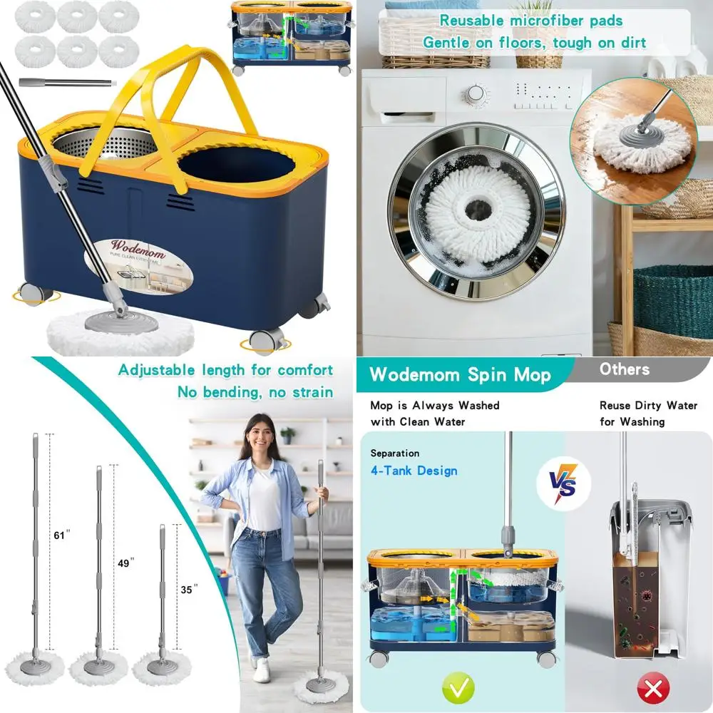 

Microfiber Spin Mop with 360-Degree Swivel Wheels, Hands-Free Wringer, Clean & Dirty Water Separation, 6 Mop Heads for Enhanced
