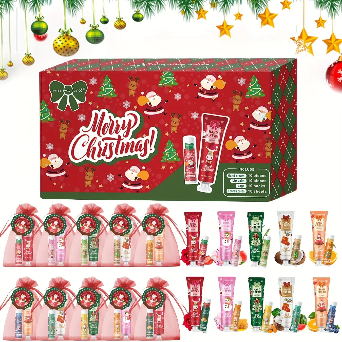 10 Sets per Box. Mixed Lip Balms and Hand Creams, Richly Moisturizing. Perfect for Christmas Giveaways and New Year Gifts.
