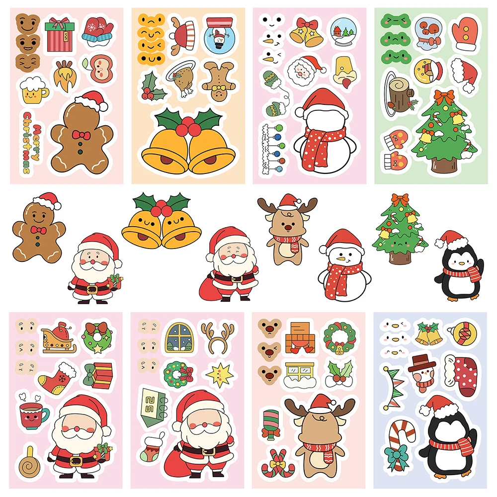 

8/16sheets Cute Cartoon Christmas Children Puzzle Stickers Make a Face DIY Kid Party Game Decals Assemble Jigsaw Educational Toy