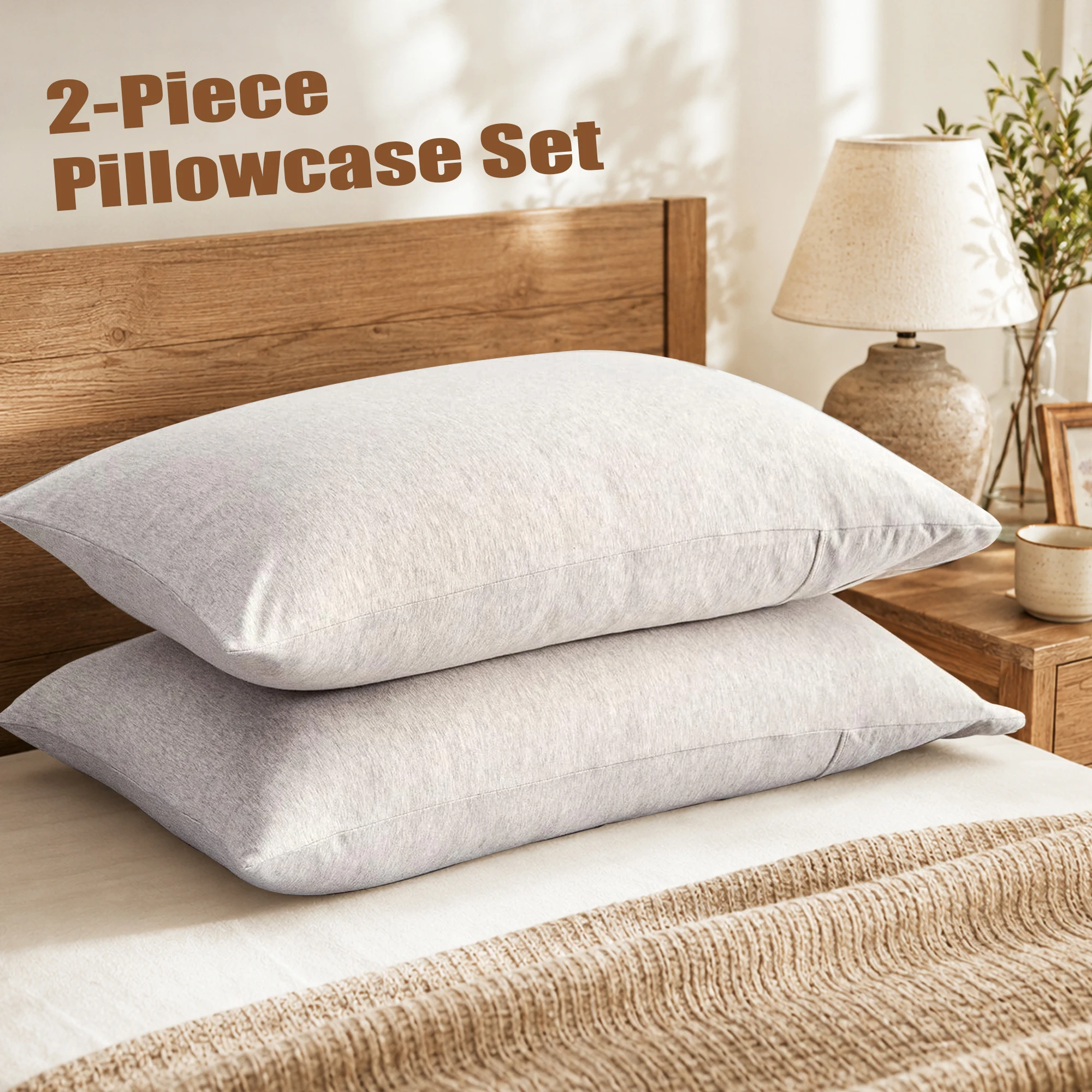 Jersey Knit Pillow Cases 100% Cotton, Set of 2, T Shirt Soft, Breathable, Stretchy, Envelope Closure Pillowcases, Machine Washable, No Insert, Modern