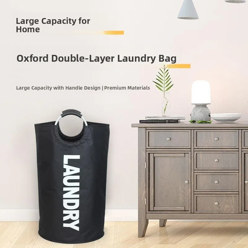 Oxford Cloth Laundry Hamper Bag with Aluminum Handle Double Layer round Shape for Home Storage Clothes Organizer Bag