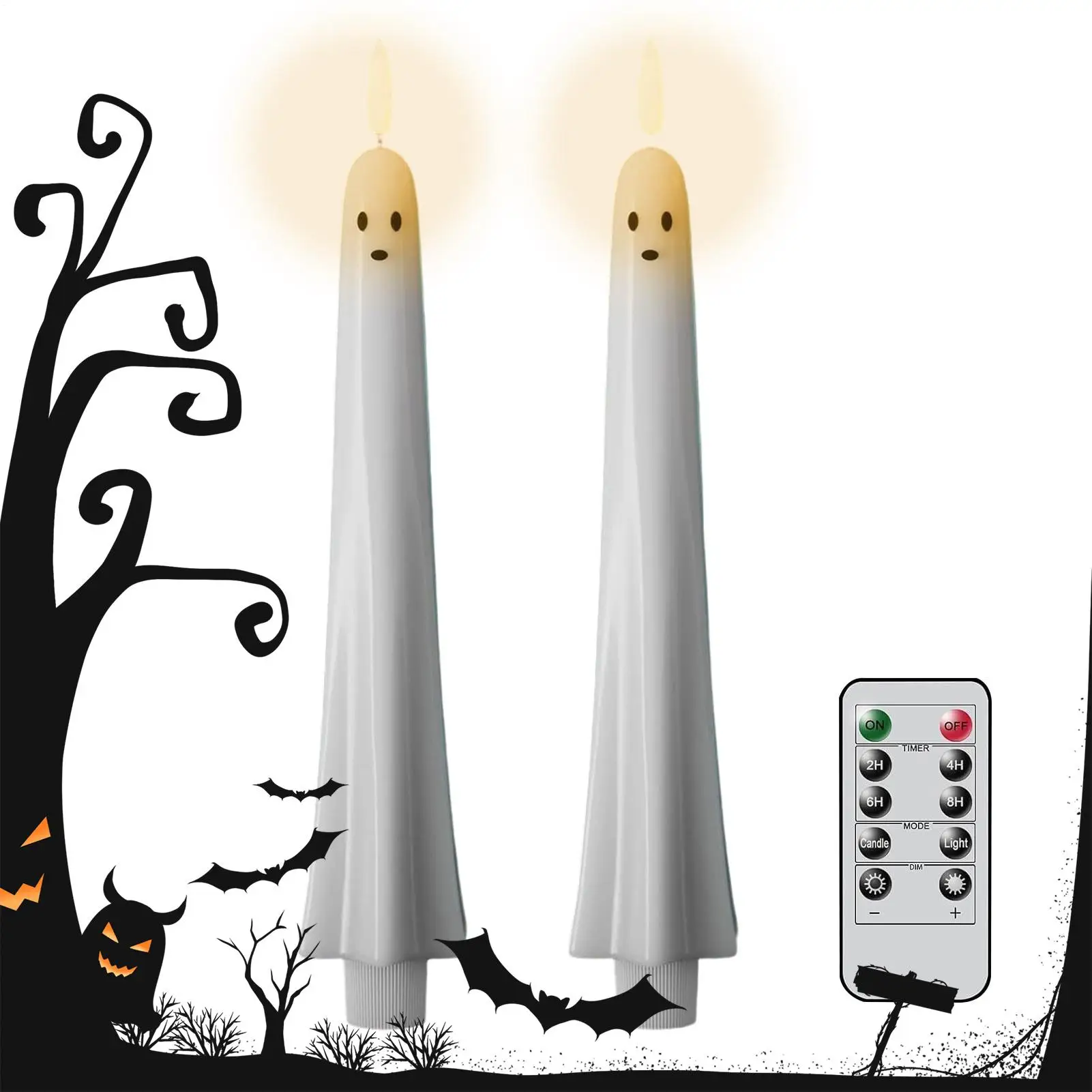 2Pack Ghost Flameless Taper LED Candles With Remote Timer, White Spooky Ghost Candles Halloween Indoor Table Dinner Decor